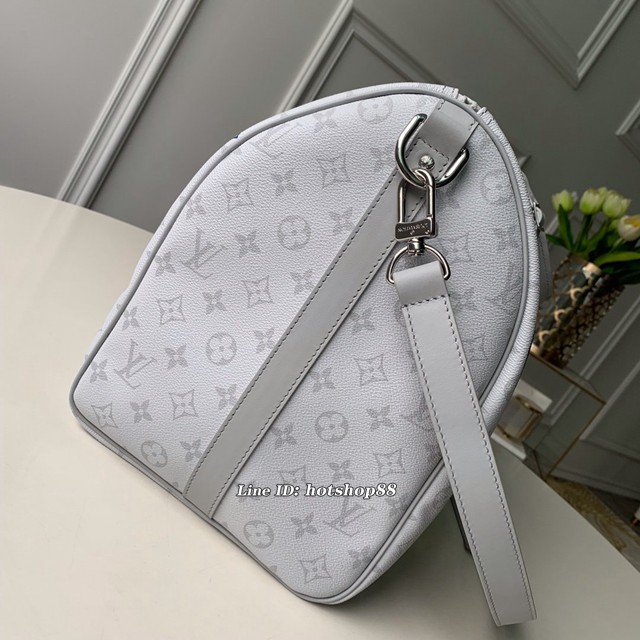 路易威登LV旅行包 LV男士行李包袋 M44643 Keepall Bandoulière 50手袋 白花黑皮地球絲印旅行袋枕頭包 xxlv1119